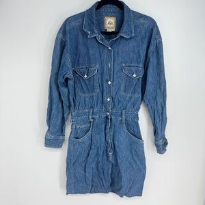 AMI Vinatge 1990s Denim Collared Front Button Up Long Sleeve Mini Skirt Dress